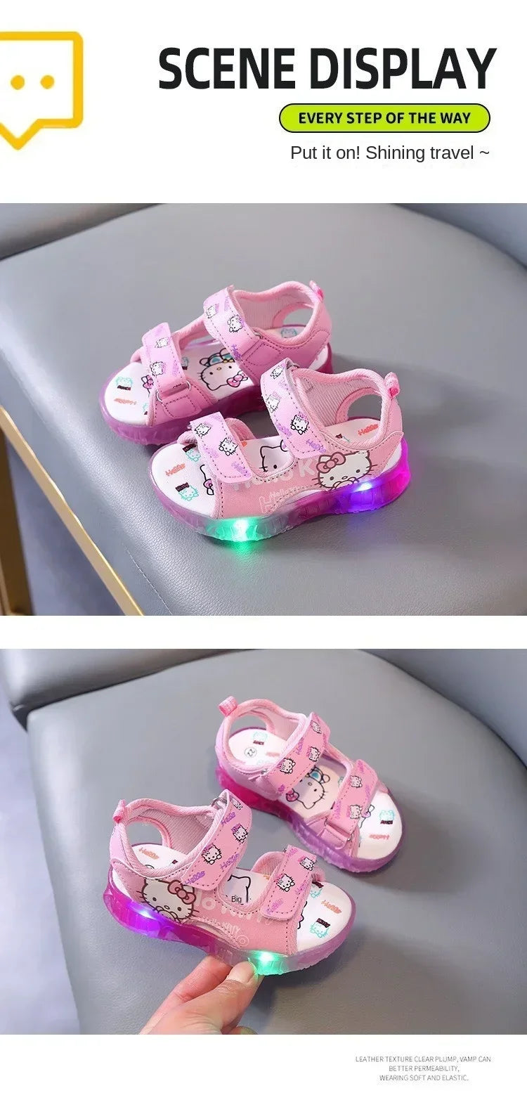 Summer New Baby Girls Led Light Sandals Cute Hello Kitty Children's Casual Shoes Anti-slip Kids Beach Shoes Outdoor Shoes