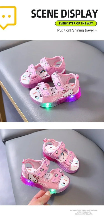 Summer New Baby Girls Led Light Sandals Cute Hello Kitty Children's Casual Shoes Anti-slip Kids Beach Shoes Outdoor Shoes
