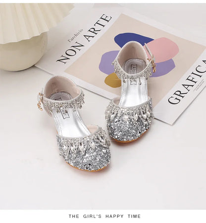 Girls' high-heeled princess shoes model catwalk show silver children's dress shoes shiny stage crystal sandals