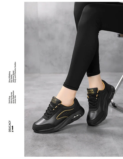 New Women's Fashionable Sneakers Leather Women's Casual Shoes Lace Up Flat Shoes Ladies Lightweight Fitness Walking Shoes
