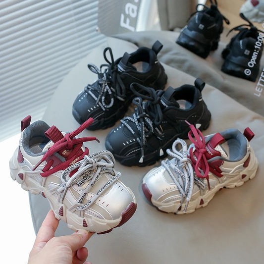Children's Sneakers Four Seasons Leather Boys Girls Single Shoes Black Soft Bottom Non-slip Kids Running Shoes