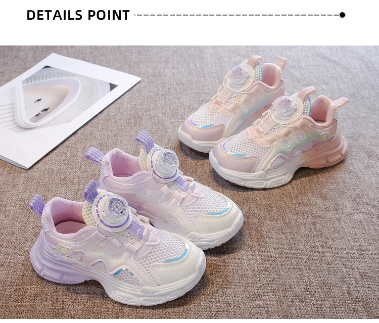 Girls Sneakers with Sweet Flowers Children Running Shoes Rotating Button New Kids Sports Shoes Princess Style Comfortable