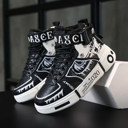 Boys' high-top sneakers Autumn new style children's sports shoes Buckle student soft-soled fleece casual shoes
