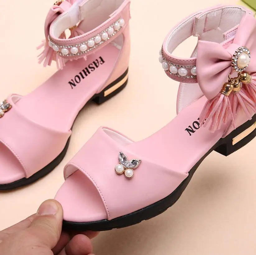 Kids Bow Sandals Children Girls Summer Cute Sandals Beach Sandals Princess Fashion High Heels Tassel School Shoes