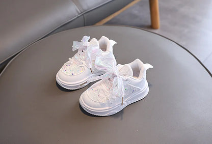 Baby Girl's Casual Sneakers for Spring Fall Shiny Sequins & Bow Ribbon Decor Sports Shoes Kids Skate Shoes