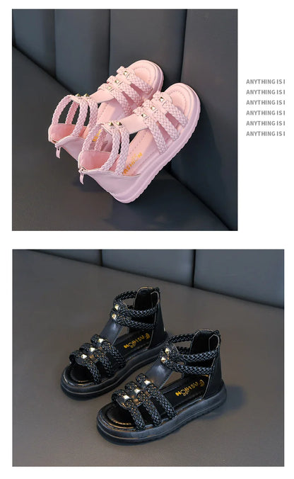 Kids Summer Sandals for Girls 2025 New Versatile Korean Style PU Soft Non-slip Flat Casual Weave Gladiator Sandals Princess Soft