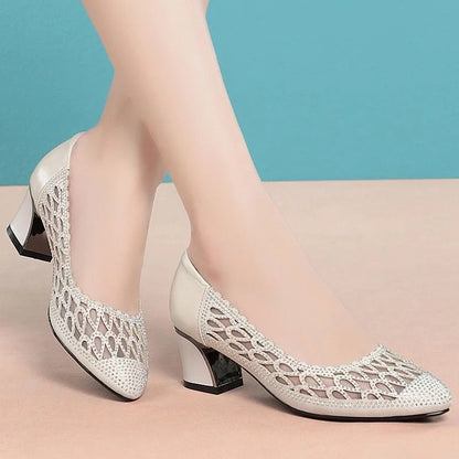Women's Shoes Summer New Fashion Mid-heel Hollow Mesh Pumps for Women Black Elegant Party High Heels Shoes Female fashion