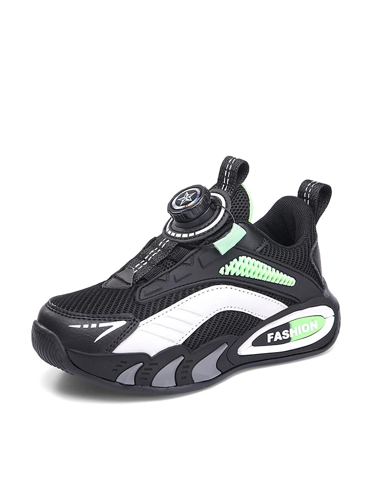 Boys' New Trendy Color-Blocked Mesh Sneakers with Knob Buckle, Dad Shoe Style Breathable Children's Shoes, Spring and Autumn Campus Outdoor Non-Slip Running Shoes, Casual Sports Trendy Shoes