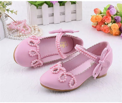 New Princess Kids High Heels Shoes Girls Wedding Dress Party Leather Shoes Children's White Shoes Performance Shoes for Students