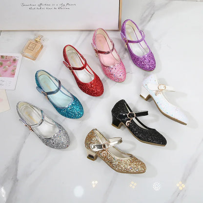 Girls Purple High Heels For Kids Princess RED Leather Shoe Footwear Children's Dress Party Wedding Shoes Round Toe 1-3CM