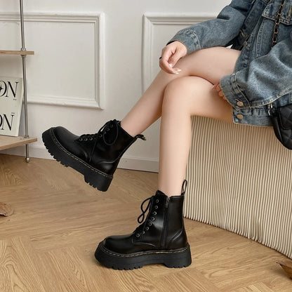 Women's Boots New Genuine Leather Ankle Shoes Chelsea Botas Ladies Classic Punk Platform Shoes Women Casual High Heels Boots