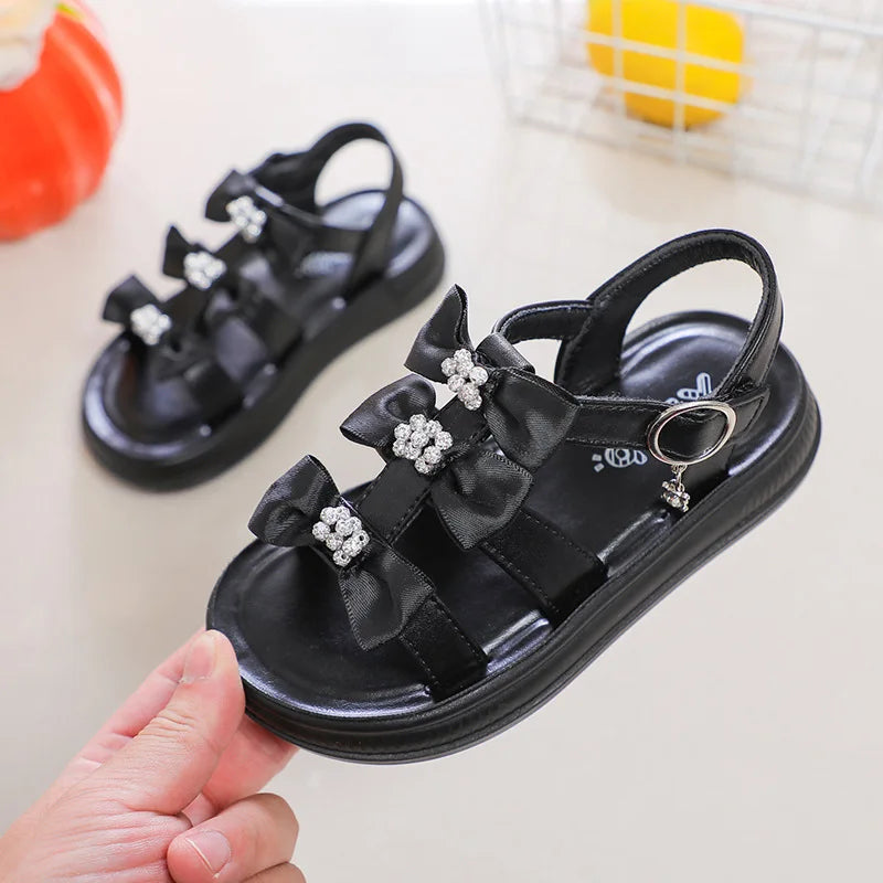 Girls Sandals with Sweet Bows Soft Sole Kids Beach Shoes Versatile 2025 Summer New Children Princess Shoes Casual Non-slip Cute