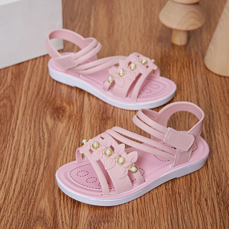 Chic Toddler Girls' Flower Adorned Open Toe Sandals - Comfy, Non-Slip Sole with Easy Hook and Loop Closure for Casual Wear