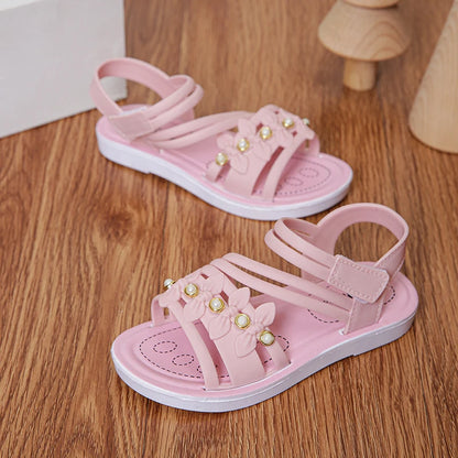 Chic Toddler Girls' Flower Adorned Open Toe Sandals - Comfy, Non-Slip Sole with Easy Hook and Loop Closure for Casual Wear