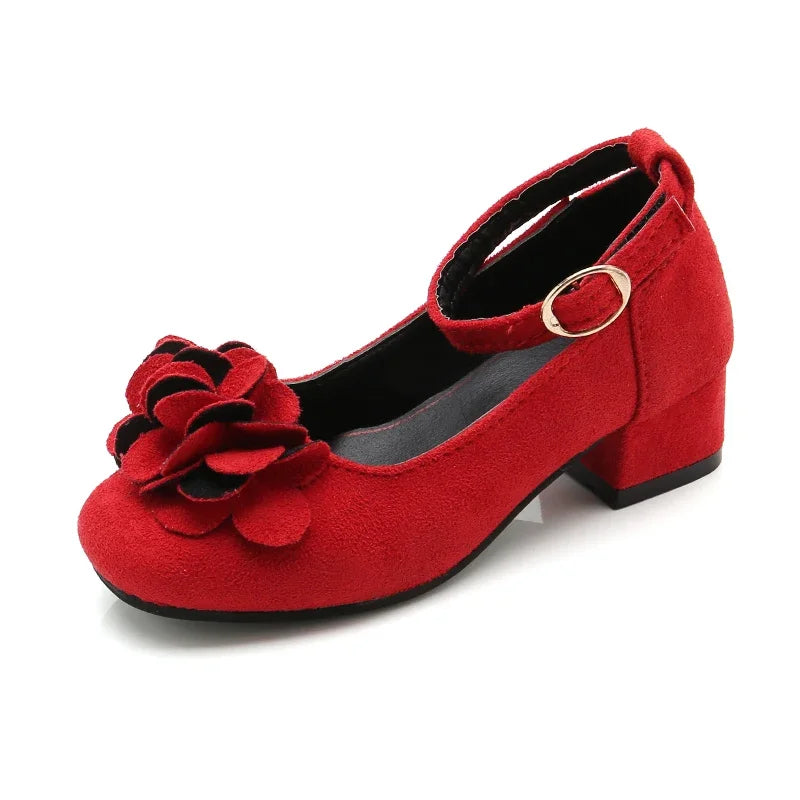 Girl's High Heel Shoes Spring Autumn Kids Leather Shoe Fashion Sweet Flower Children Princess Shoes for Wedding Party Versatile