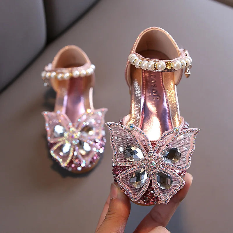 New Children's Party Wedding Children Shoes Sequin Lace Bow Kids Shoes Cute Pearl Princess Dance Single Casual Girls Shoe