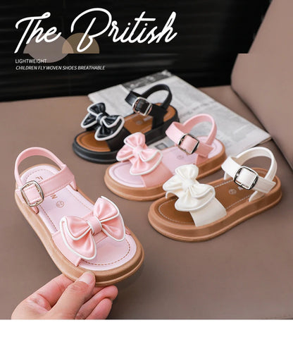 New Fashionable Girls Sandals Summer Bow Princess Sandals 3-14 Years Old Students Outside Wearing Versatile Velcro Sandals