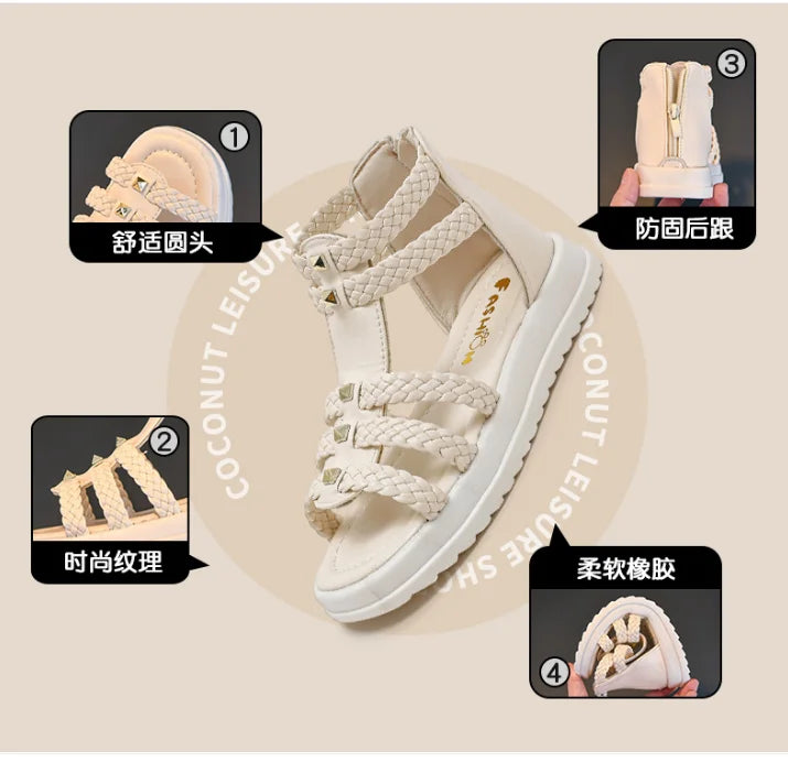 Girls Cute Roman Sandals Open Toe Braided Solid Color High-top Simple Rivets 2025 Summer Hollow Flat Casual Shoes