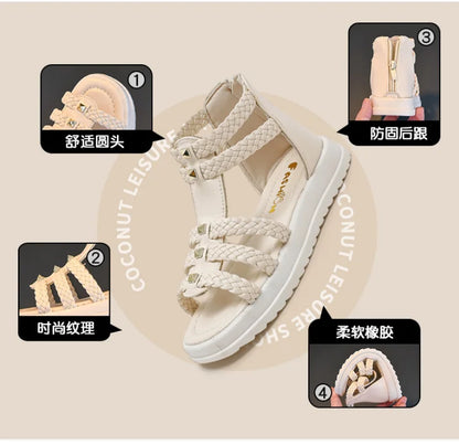 Girls Cute Roman Sandals Open Toe Braided Solid Color High-top Simple Rivets 2025 Summer Hollow Flat Casual Shoes