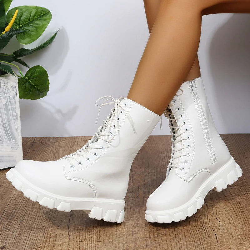 Boots Women Autumn Winter PU Leather White Ankle Boots Motorcycle Botines Female Chunky Heels Platform Boots Botas Mujer