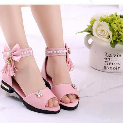 Kids Bow Sandals Children Girls Summer Cute Sandals Beach Sandals Princess Fashion High Heels Tassel School Shoes
