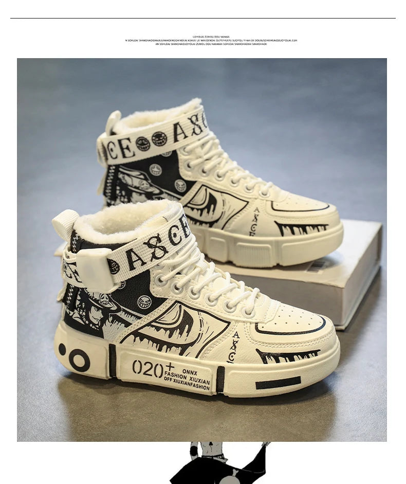 Boys' high-top sneakers Autumn new style children's sports shoes Buckle student soft-soled fleece casual shoes