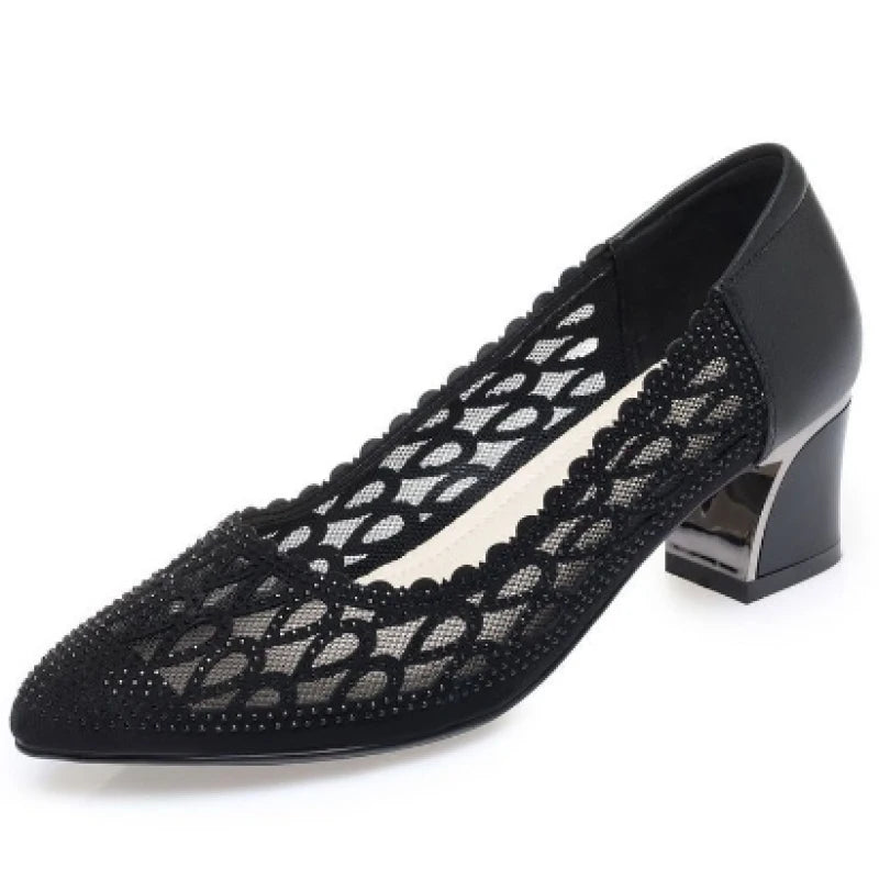 Women's Shoes Summer New Fashion Mid-heel Hollow Mesh Pumps for Women Black Elegant Party High Heels Shoes Female fashion