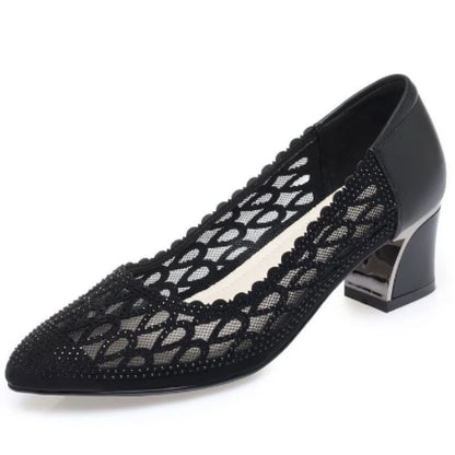 Women's Shoes Summer New Fashion Mid-heel Hollow Mesh Pumps for Women Black Elegant Party High Heels Shoes Female fashion