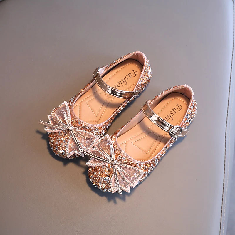 Girl's Princess Shoes Crystal Sequins Bowtie Party Glitter Children Mary Janes Three Colors Wedding Shallow Chic Kids Shoe 26-36