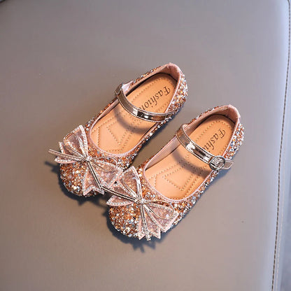 Girl's Princess Shoes Crystal Sequins Bowtie Party Glitter Children Mary Janes Three Colors Wedding Shallow Chic Kids Shoe 26-36