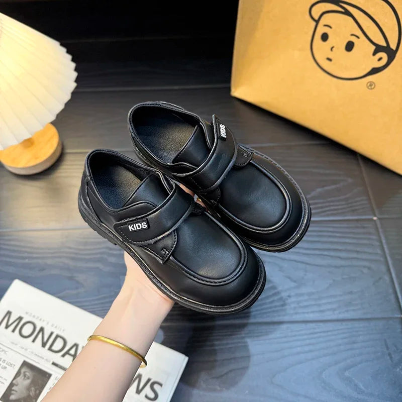 Boys Casual Leather Shoes Black Party Shoes for Formal Wedding School Fashion Classic Hook & Loop Kids Fashion Casual Loafers