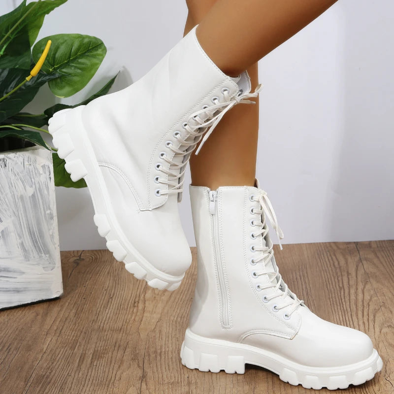Boots Women Autumn Winter PU Leather White Ankle Boots Motorcycle Botines Female Chunky Heels Platform Boots Botas Mujer