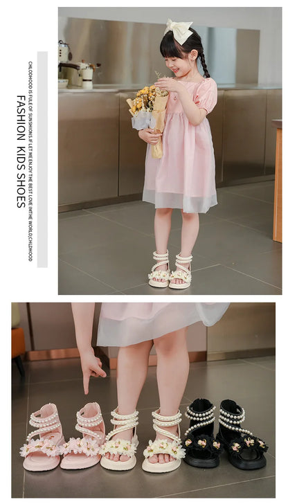 Children's Sandals Summer Bowtie Princess Shoes for Girls Fashion Sweet Kids Causal Pearl Roman Sandals Solid Color Hook Loop