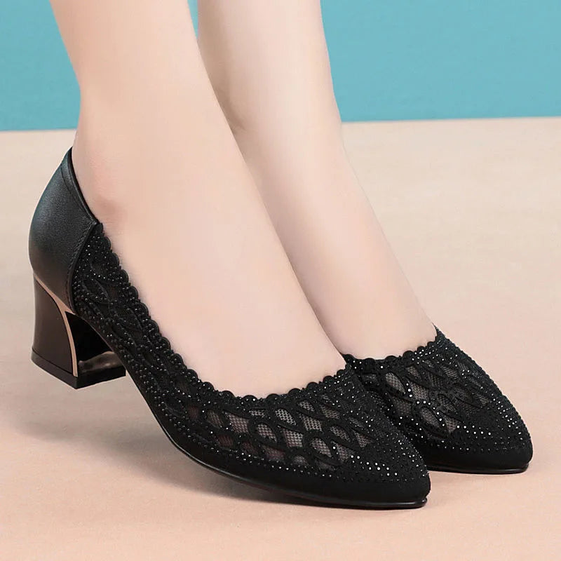 Women's Shoes Summer New Fashion Mid-heel Hollow Mesh Pumps for Women Black Elegant Party High Heels Shoes Female fashion