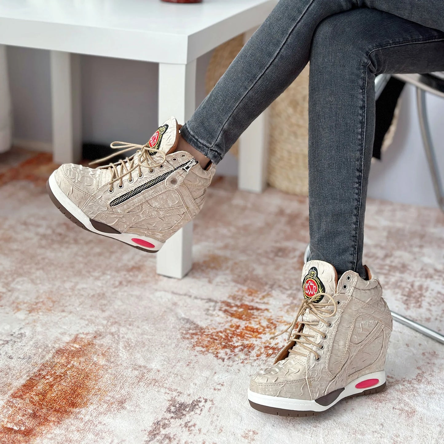 Womens Sneakers Shoes Fashion Platform Designer Thick Sole Casual Hoof Heels TPR Autumn Round Toe Solid High Increased Inte