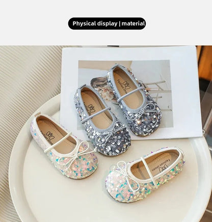 Girls' Shoes Spring New Fashion Little Girl Sequin Princess Shoes Soft Sole Girls' Shallow Mouth Single Shoes Breathable