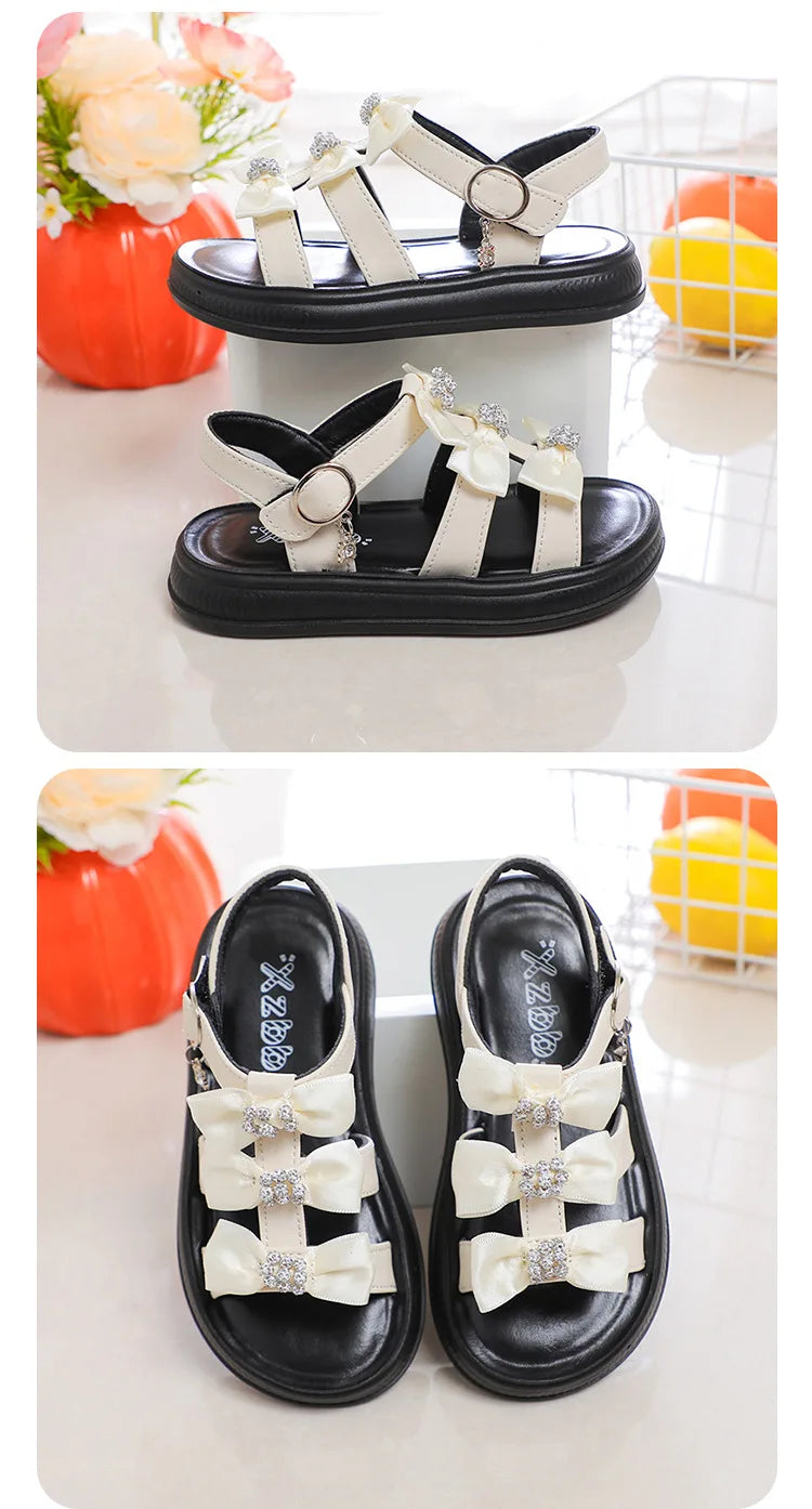 Girls Sandals with Sweet Bows Soft Sole Kids Beach Shoes Versatile 2025 Summer New Children Princess Shoes Casual Non-slip Cute