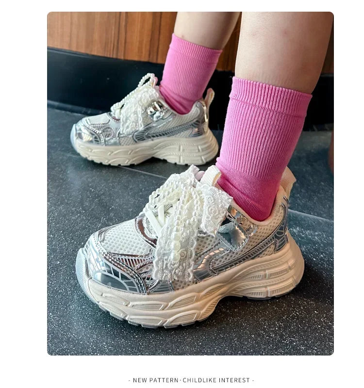 Girls Running Shoes with Sweet Mesh Bow Kids Sports Shoes Breathable New Fashion Children Sneakers Princess Style Cute