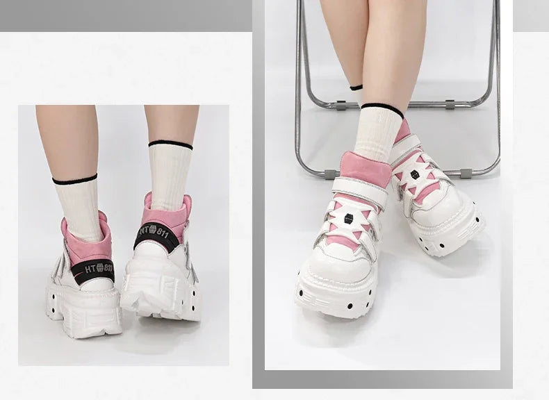 Woman Sneakers New Punk Style Women Shoes Gothic Ankle Rock Boots Lace-up Heel Height Platform Shoes Woman Metal Decor