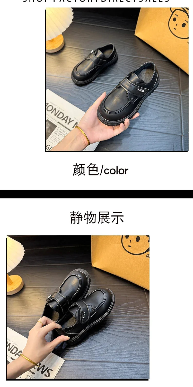 Boys Casual Leather Shoes Black Party Shoes for Formal Wedding School Fashion Classic Hook & Loop Kids Fashion Casual Loafers