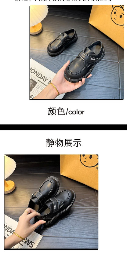 Boys Casual Leather Shoes Black Party Shoes for Formal Wedding School Fashion Classic Hook & Loop Kids Fashion Casual Loafers