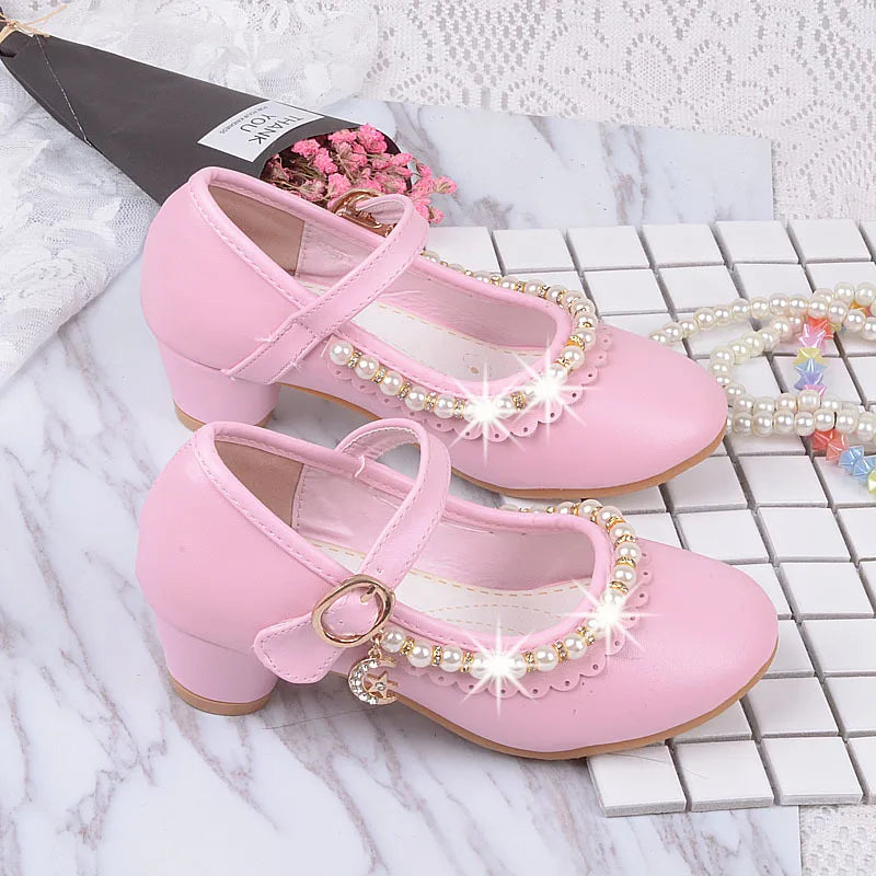 New Princess Kids High Heels Shoes Girls Wedding Dress Party Leather Shoes Children's White Shoes Performance Shoes for Students