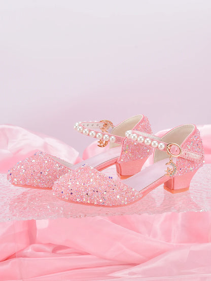 Girls' Princess Style High Heel Shoes With Shiny Star Pendant Decoration, Suitable For Dress And Birthday Party