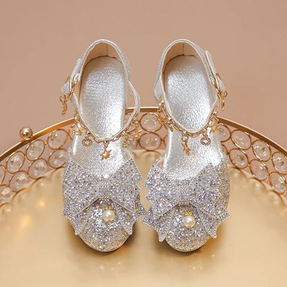 Girls High Heeled Leather Shoes High Heels for Wedding Party Glitter Rhinestone with Bow-knot Kids Dress Pendant Bling Sparkling