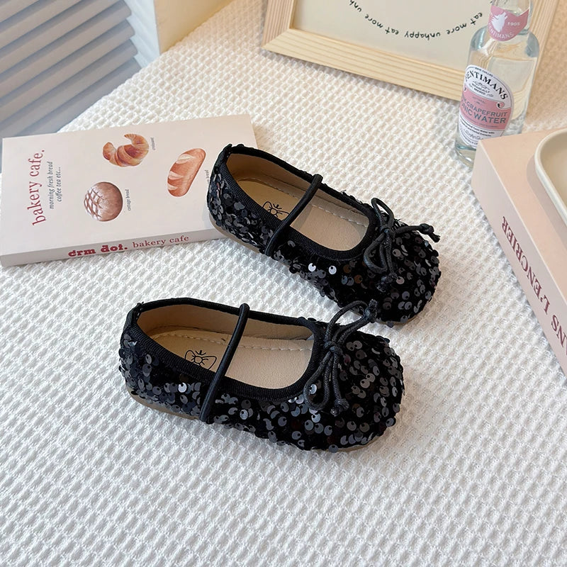 Girls Shoes Kids Glitter Leather Shoes for Wedding Stage Party Sequins Bling Shiny with Bow-knot Princess Soft Children's Flats