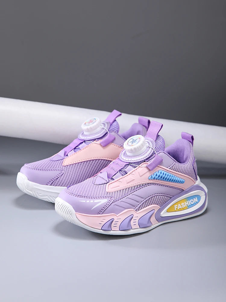 Boys' New Trendy Color-Blocked Mesh Sneakers with Knob Buckle, Dad Shoe Style Breathable Children's Shoes, Spring and Autumn Campus Outdoor Non-Slip Running Shoes, Casual Sports Trendy Shoes