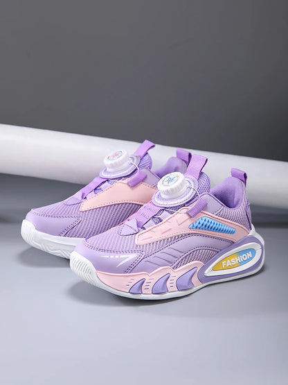 Boys' New Trendy Color-Blocked Mesh Sneakers with Knob Buckle, Dad Shoe Style Breathable Children's Shoes, Spring and Autumn Campus Outdoor Non-Slip Running Shoes, Casual Sports Trendy Shoes