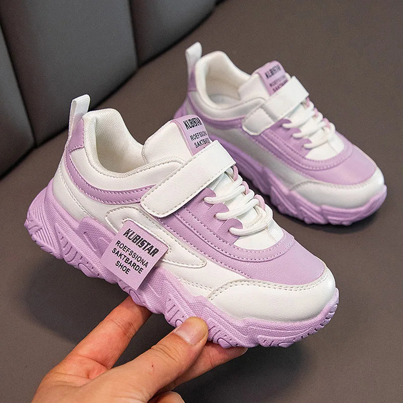 Spring New Kids Sneakers 2023 PU Girls Casual Mesh Solid Pink Light Boys White Hook & Loop Children Non-slip Sports Shoe Fas