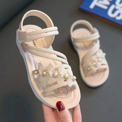 Chic Toddler Girls' Flower Adorned Open Toe Sandals - Comfy, Non-Slip Sole with Easy Hook and Loop Closure for Casual Wear