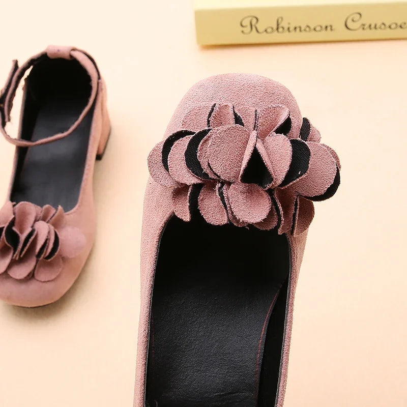 Girl's High Heel Shoes Spring Autumn Kids Leather Shoe Fashion Sweet Flower Children Princess Shoes for Wedding Party Versatile